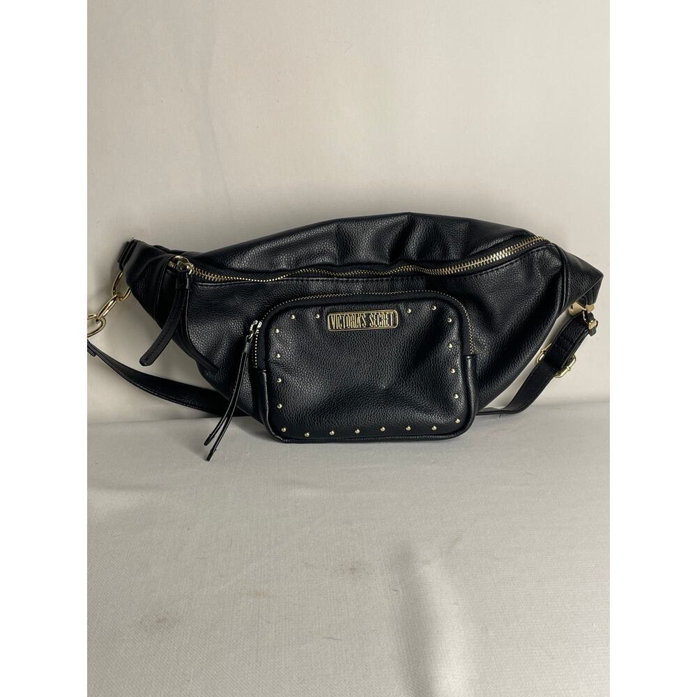 Victoria's Secret Black Faux Leather Belt Bag Fanny Pack Adjustable Studs